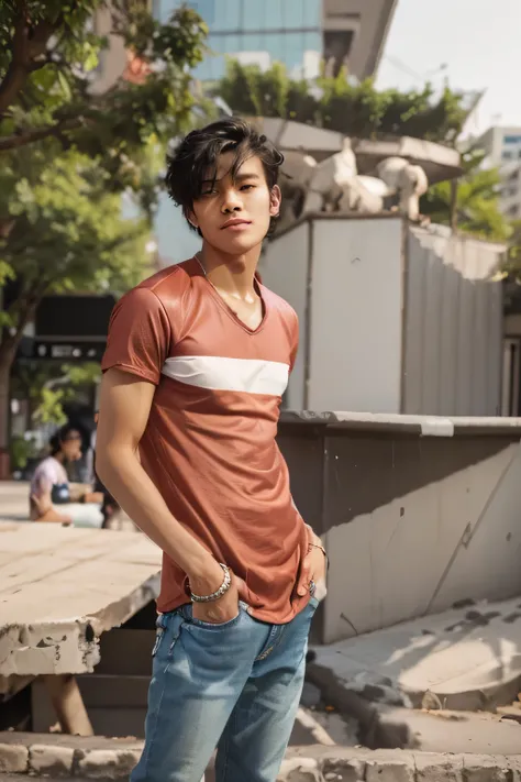 young East Asian male model with smooth, fair skin and a slight smile. He has short, styled black hair with a slight wave and almond-shaped eyes. His nose is small and straight, and his lips are thin and naturally pink. The young East Asian male model is s...