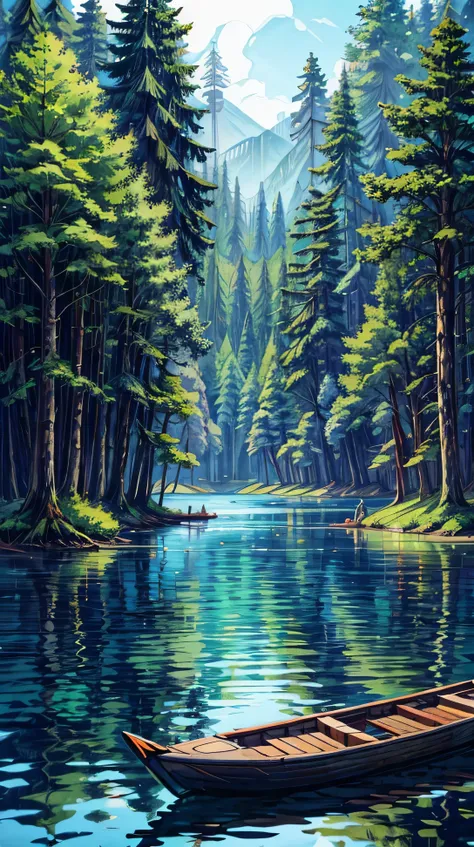 a serene lake with a single small boat floating, surrounded by tall trees and a clear sky.