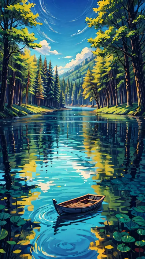 a serene lake with a single small boat floating, surrounded by tall trees and a clear sky.