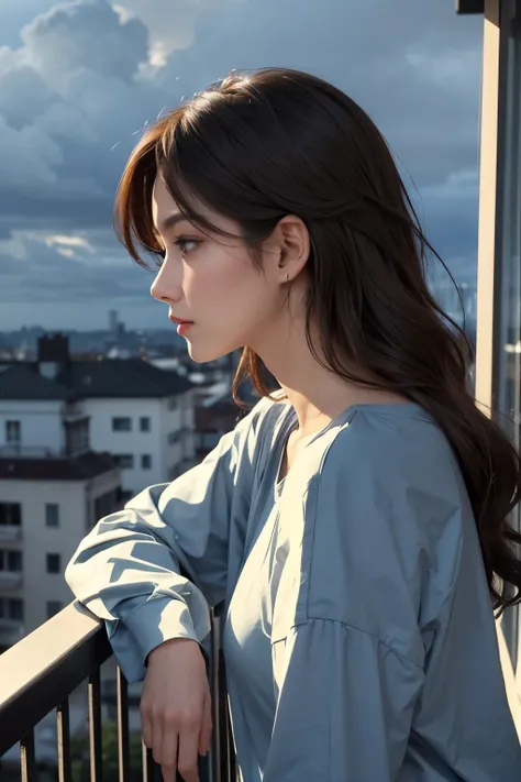 An image of a beautiful woman from the side. profile. Dark brown hair. Twenty-three years old. She is wearing a long-sleeved shirt and looking out at the scenery from the balcony where she lives alone. The weather is cloudy, with a cold blue-gray color.