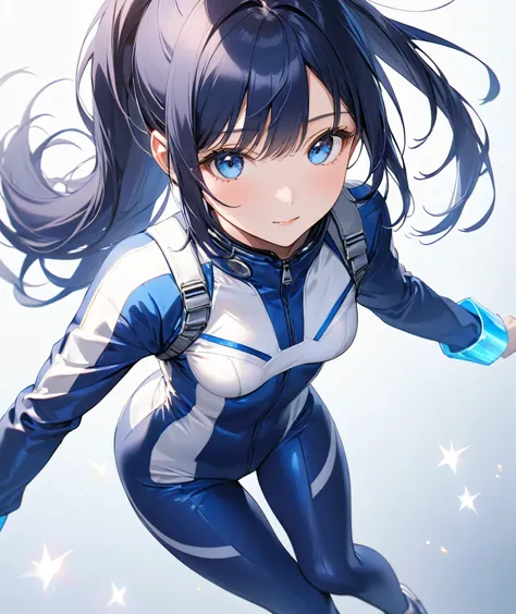 (Holographic glow effect,masterpiece、Best Quality、Highest Resolution、Clear_image、Detailed details、The angle is from above): (whole body,solo、A girl alone、Japanese Faces、High knot ponytail、Dark blue hair girl、Small breasts、（Perfect body：1.4）、Sparkling blue ...