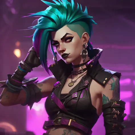 Arcane, league of legends, dynamic pose, punk rocker from Zaun with long, colorful hair styled into a spiky mohawk of bright turquoise and magenta hues. lean, athletic build. Full body image. covered in intricate tattoos. Riot wears a black, skin-tight Zau...