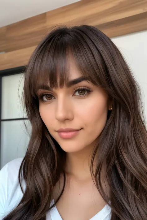  girl, argentina, how to redo media, light brown, light brown almond-shaped eyes, small nose, Medium lips, medium long hair, seeds, Black in color, with bangs that cover the eyebrows