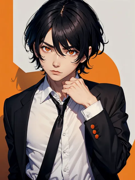 male, High resolution, Black Hair, Center Parting, Close your mouth, Simple Background, White shirt, Long sleeve, Black jacket, Orange Eyes, Short Hair