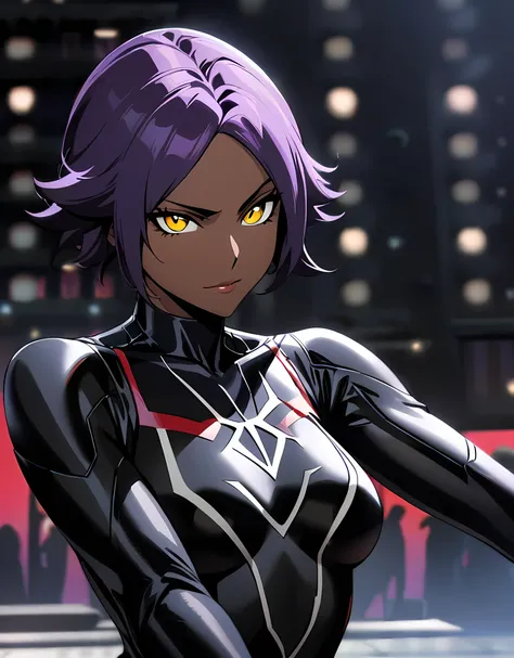 1girl, shihouin yoruichi wearing black Spiderman costume, bleach, purple hair , short hair ,perfect yellow eyes, dark skin, wearing black Spiderman costume, noir style portrait,masterpiece, best, quality, absurdres, looking at the audience,  Cowboy Shot,