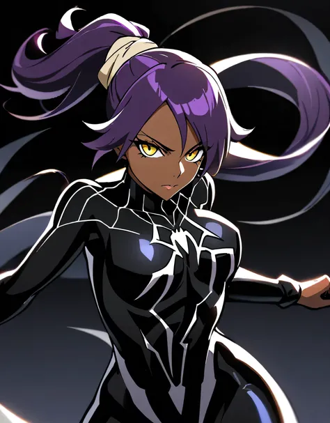 1girl, shihouin yoruichi wearing black Spiderman costume, bleach, purple hair , 1ponytail ,perfect yellow eyes, dark skin, wearing black Spiderman costume, dynamic pose,noir style portrait,masterpiece, best, quality, absurdres, looking at the audience,  Co...