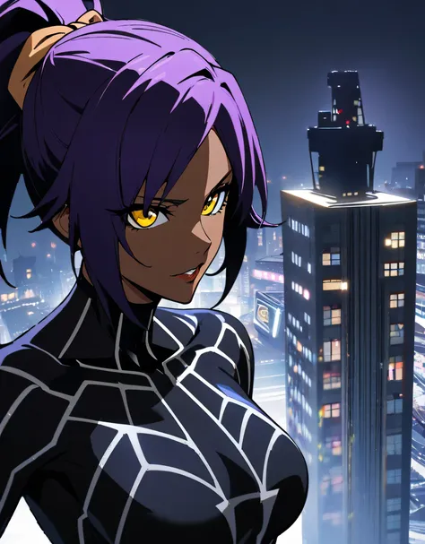 1girl, shihouin yoruichi wearing black Spiderman costume, bleach, purple hair , 1ponytail ,perfect yellow eyes, dark skin, wearing black Spiderman costume, dynamic pose,noir style portrait,masterpiece, best, quality, absurdres, looking at the audience,  Co...