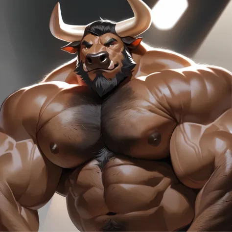 Black bara bull, black fur, very large pecs, strong physique, very muscular, perfect anatomy, masterpiece, black beard, strong jaw, giant biceps, shirtless, hairy pectorals, solo, great lighting, semi realistic, semirealistic