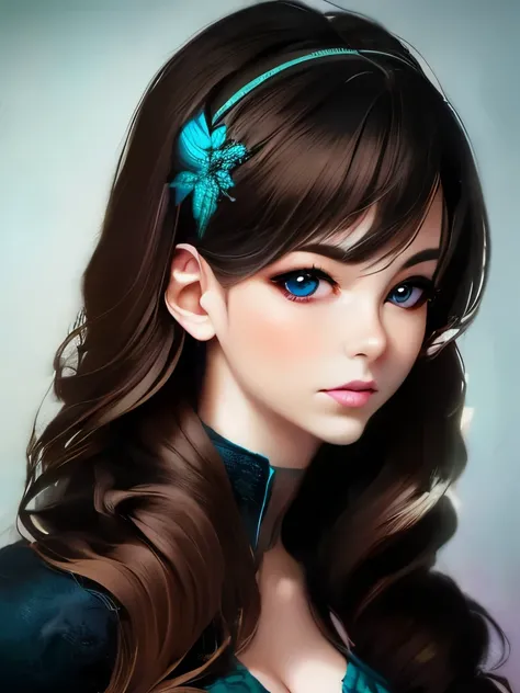 photorealistic, lip gloss, painting, realistic, best quality, ultra high resolution, depth, pastel color, natural shading, focus on face, face only, looking at viewer, long hair, hair accessory, black hair, brown and well detailed eyes, Dress