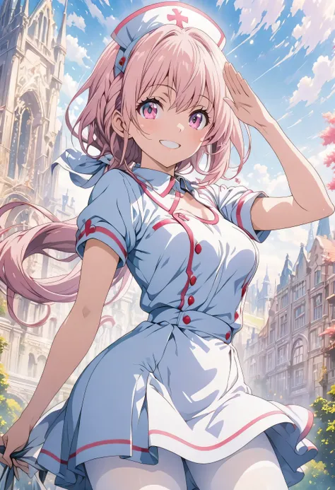 masterpiece，Highly detailed CG Unity 8k wallpaper，High school girl anime illustration，Cowboy Shot，Beautiful low ponytail hairstyle，(Sexy little nurse uniform:1.2)，(White Pantyhose)，salute，smile，The background is a light pastel colored landscape.，Pink Hair，...