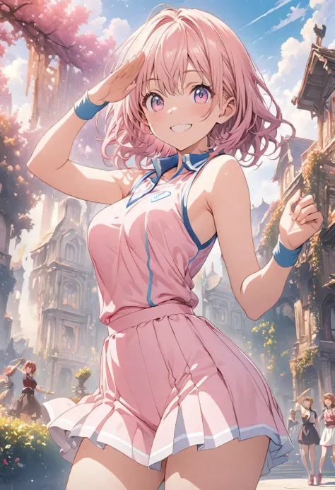 masterpiece，Highly detailed CG Unity 8k wallpaper，High school girl anime illustration，(Cowboy Shot:1.2)，(Sexy pink tennis uniform:1.2)，salute，smile，The background is a light pastel colored landscape.，Pink Hair，Pink Eyes，