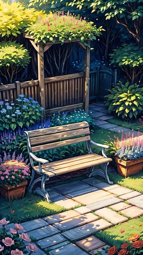 a small garden with bright flowers and a wooden bench, bathed in warm sunlight.

