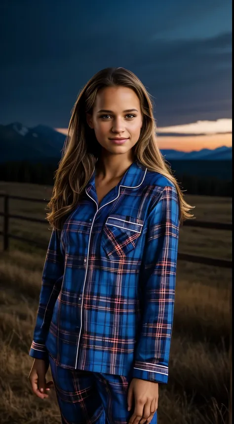 Foto hiperrealista en primer plano de Alicia Vikander, masterpiece, best quality, (photorealistic:1.4), full body, (wearing blue flannel pajamas), outside on the ranch, night night night, Montana mountains in the background, cinematic light, beautiful woma...