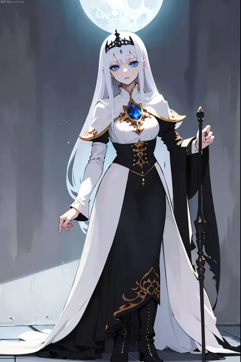 masterpiece, 1 girl, solo, twilight domain cleric, long black hair, long black/blue dress, silver upper body armor, tiara, silver boots, pale skin, sleepy, blue eyes, full body, holding a silver staff, ((moon facetattoo)), in a gothic cathedral