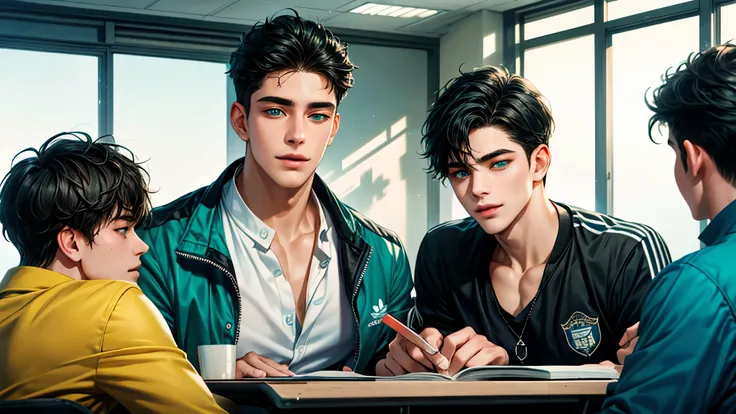 a handsome young man, black hair, badboy, short hair, blue eyes, ombros largos, masterpiece, absurd face, beautiful and detailed, gentle smile, with dark green adidas jacket, sunny environment during the day, in a classroom talking to three young colleague...