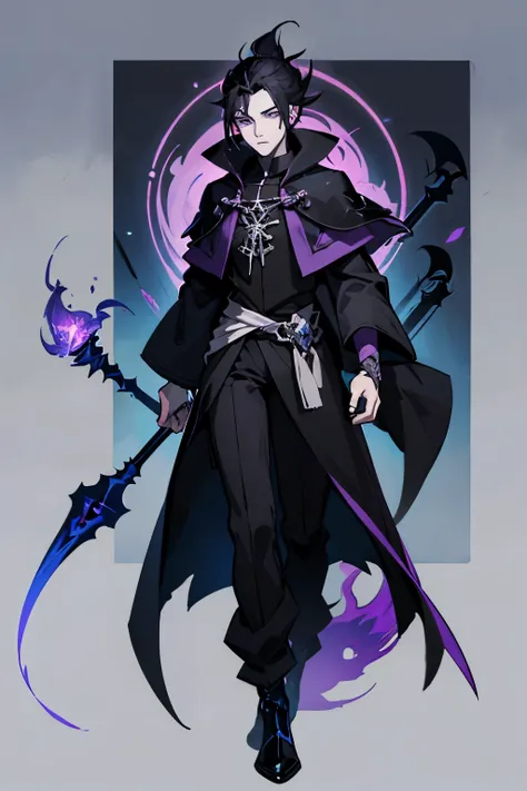 a male character, Concept art style, Animation, wizard, tribalista, adolescent, thin, tattoo on the arm of a purple witch ghost. Ghost Pokemon theme. pale skin, Gothic. holding a staff. sad eyes. black hair.