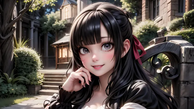 masterpiece, best quality, highly detailed, detailed face, 1vampiress smiling, black hair, hairbow, white round_toe Mary_janes pumps, (haunted castle) in the (woods at night), ((terrace)) at ((night)), castlevania art style, vampires theme, creepy, 