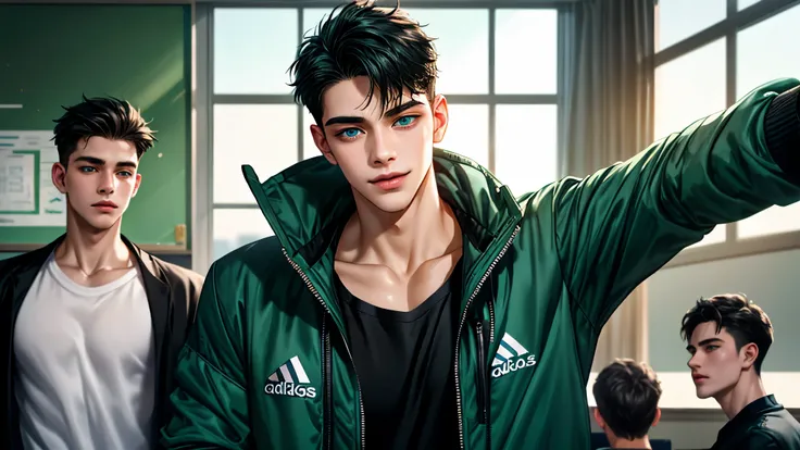 a handsome young man, black hair, badboy, short hair, blue eyes, ombros largos, masterpiece, absurd face, beautiful and detailed, gentle smile, with dark green adidas jacket, sunny environment during the day, in a classroom talking to three young colleague...