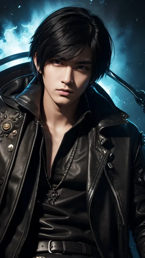 masterpiece, best quality, 1man, adult, male focus, solo, medium black hair, vibrant black eyes, looking at viewer, closed mouth, emo, Fantasy aesthetics, Highly detailed, shadowverse style, leather coat