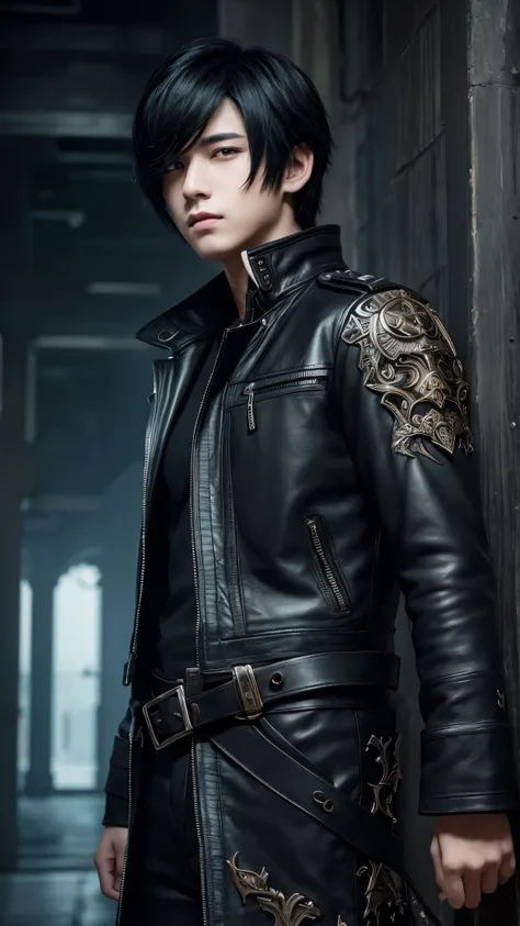 masterpiece, best quality, 1man, adult, male focus, solo, medium black hair, vibrant black eyes, looking at viewer, closed mouth, emo, Fantasy aesthetics, Highly detailed, shadowverse style, leather coat