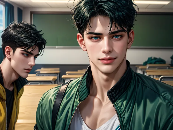 a handsome young man, black hair, badboy, short hair, blue eyes, ombros largos, masterpiece, absurd face, beautiful and detailed, gentle smile, with dark green adidas jacket, sunny environment during the day, in a classroom, talking to three young people