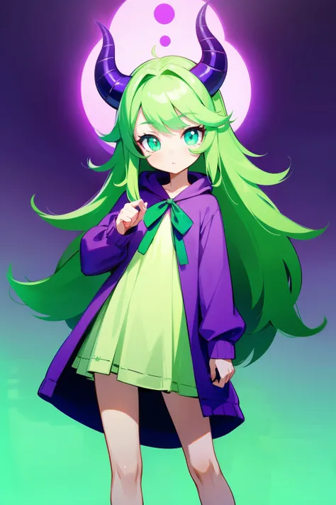 A girl wearing a hat with horns is standing. A girl in a green shirt with long hair and purple horns and a light green hoodie.