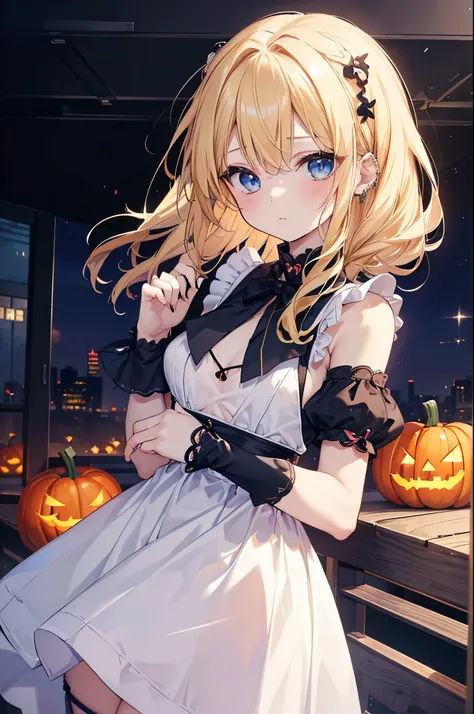 A woman wearing a maid outfit holding a pumpkin　最high quality、Best image quality、masterpiece、With a girl((18 years old、Open-chested maid outfit、Best Bust、、Blonde、Long Hair、blue eyes、Open your chest wide、valley、happiness、Black wristband on wrist、Slender、耳Ni...