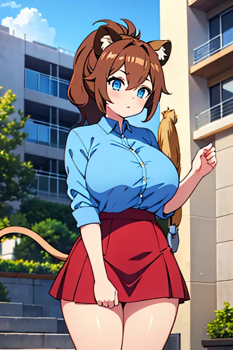 1girl, hourglass figure, (brown hair, blue eyes, lion ears and attached tail, ponytail, big boobs), apartment complex, blue shirt, short red skirt