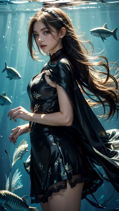 Top quality, masterpiece, ultra high definition, Original photo, 1 Girl, ((soft sardine)), cinematic lighting, very long hair, detailed eyes, small breasts, wind, necklace, piercing, ((big fish dress)), ((fish print clothing)), ((black dress)), ((soft lace...