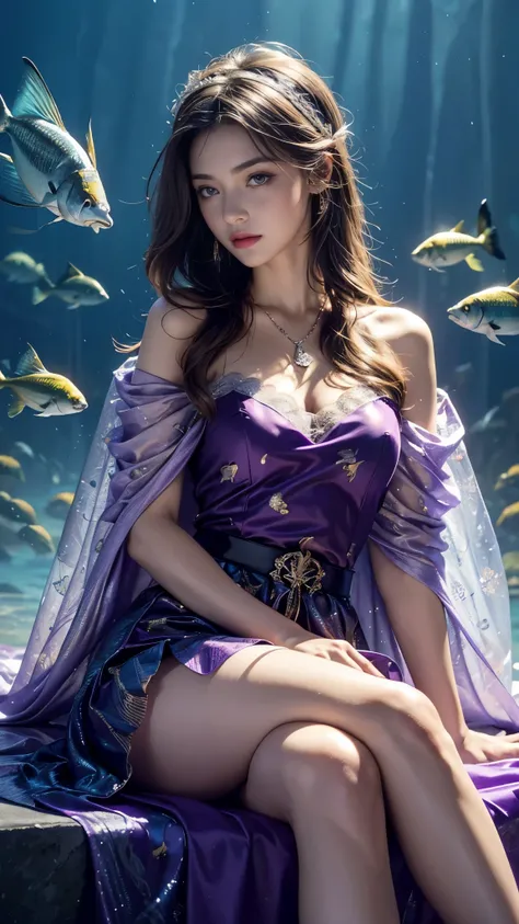 Top quality, masterpiece, ultra high definition, Original photo, 1 Girl, ((soft sardine)), cinematic lighting, very long hair, detailed eyes, small breasts, wind, necklace, piercing, ((big fish dress)), ((fish print clothing)), ((purple dress)), ((soft lac...