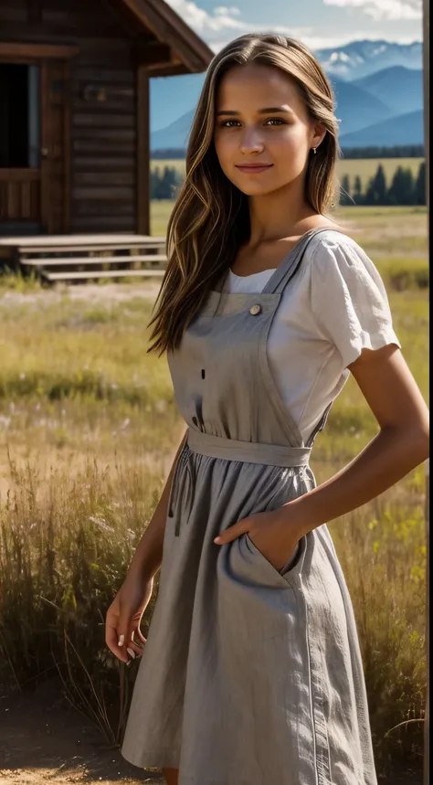 Foto hiperrealista en primer plano de Alicia Vikander, masterpiece, best quality, (photorealistic:1.4), full body, (Cottage Dress Linen Pinafore Dress Elastic Waist Dress with white blouse:1.2), on the ranch, grey day, Montana mountains in the background, ...