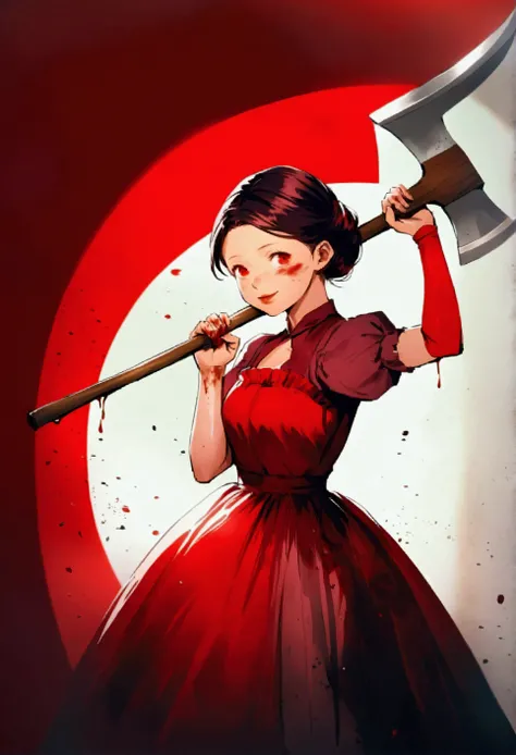 Create an image of a young woman wearing a vintage red dress, standing against a dark red background. She holds an axe over her shoulder with one hand, while the other hand is raised to her lips in a shh gesture, her expression calm but unsettling. Her han...