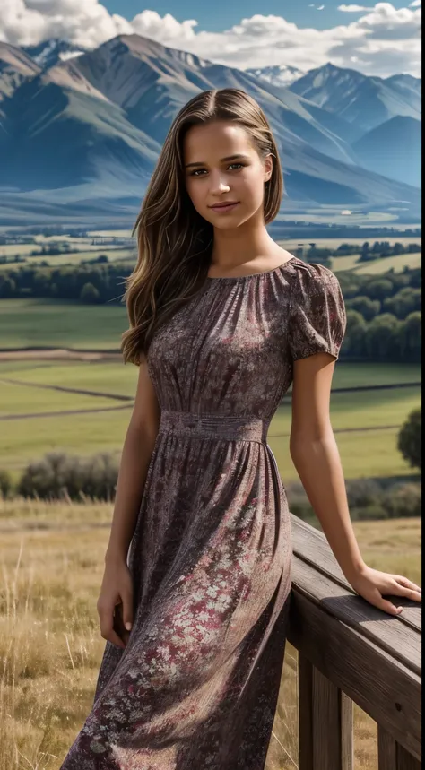 Foto hiperrealista en primer plano de Alicia Vikander, masterpiece, best quality, (photorealistic:1.4), full body, (very floral burgundy midi midi church dress with short sleeves with round neck:1.1) on the ranch, grey day, Montana mountains in the backgro...