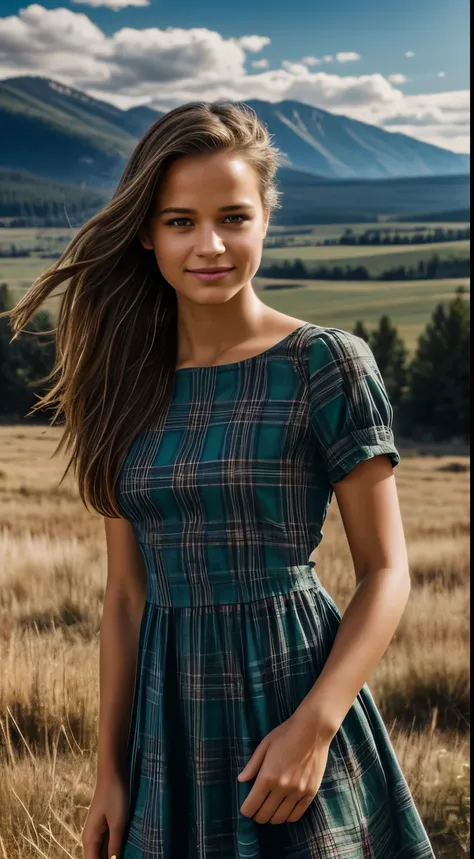 Foto hiperrealista en primer plano de Alicia Vikander, masterpiece, best quality, (photorealistic:1.4), full body,(green plaid flannel midi midi church dress with short sleeves with round neck:1.1), on the ranch, grey day, Montana mountains in the backgrou...