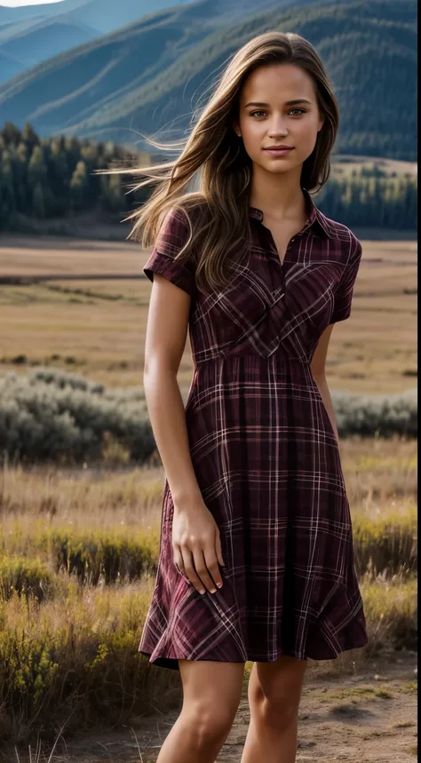 Foto hiperrealista en primer plano de Alicia Vikander, masterpiece, best quality, (photorealistic:1.4), full body,(burgundy plaid flannel midi midi church dress with short sleeves with round neck:1.1), on the ranch, grey day, Montana mountains in the backg...