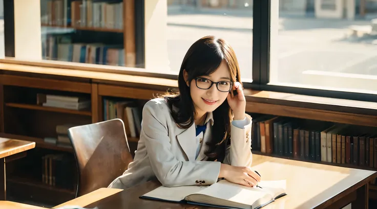 A female librarian working at the front desk of a library, surrounded by returned books on a large round desk, ((sitting in a chair and striking a quietly pose)), smiling, the library has a calming atmosphere with dramatic lighting and soft sunlight stream...