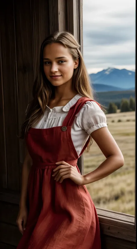 Foto hiperrealista en primer plano de Alicia Vikander, masterpiece, best quality, (photorealistic:1.4), full body, (red red red Cottage Dress Linen Pinafore Dress Elastic Waist Dress with white blouse:1.2), on the ranch, grey day, Montana mountains in the ...