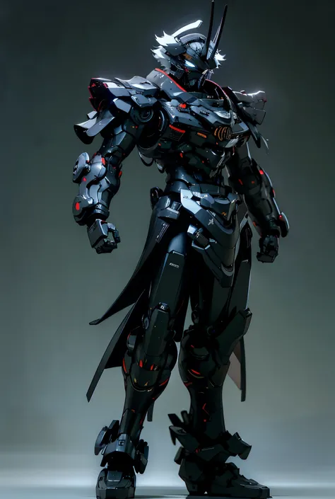 Futuristic pure black samurai, natural gray background, screen space reflection, full body