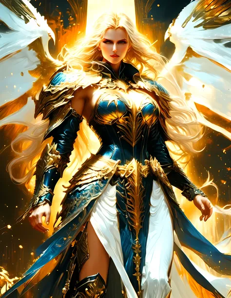 arafed, dnd art, female aasimar, (Masterpiece intense details), paladin, holy warrior, full body, large angelic wings, white angelic wings spread (Masterpiece intense details), fantasy temple background,  16k, ultra detailed, masterpiece, best quality, (ex...