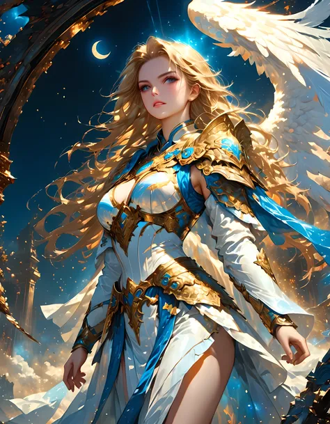 arafed, dnd art, female aasimar, (masterpiece intense details), paladin, holy warrior, full body, large angelic wings, white ang...