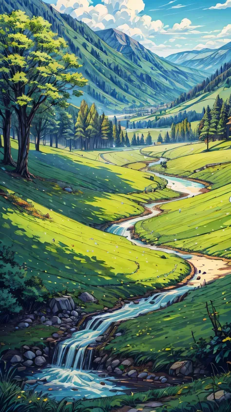  a peaceful valley with rolling hills and a winding stream, dotted with a few trees.

