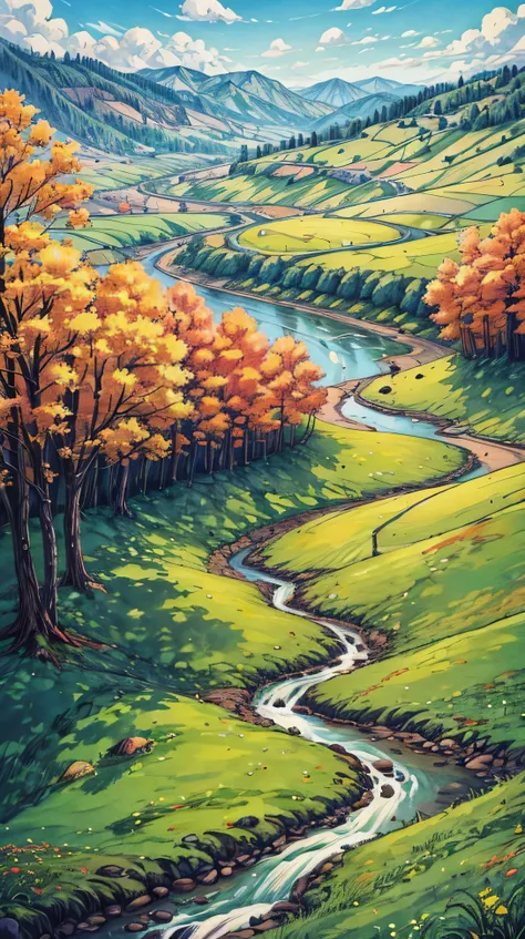  a peaceful valley with rolling hills and a winding stream, dotted with a few trees.

