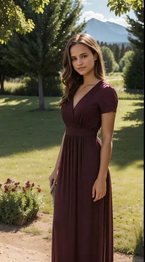 Foto hiperrealista en primer plano de Alicia Vikander, masterpiece, best quality, (photorealistic:1.4), full body,  (burgundy short sleeves church Maxi dress v-neck:1.2)), inside the garden of the ranch, sunny day, avenue with trees, Montana mountains in t...