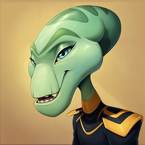 score_9, score_8_up, score_8,source_furry,
1girl,
solo,
furry female,
alien,
looking at viewer,
smile,
uniform,
black uniform,
gold trim,
green skin,
green body,
upper body,
open mouth,
bald,
standing,
teeth,
grand_councilwoman, 
90s4n1m3, smug,
smugness,
...