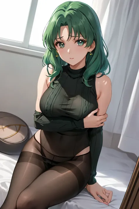 (Please redeem:1.2),  Alone, One Woman, Sailor Neptune, Mature Woman, Medium Breast, Aqua Eye, Green Hair, Medium Hair、(:1.1), Embarrassing, View your audience,  ((Knitted dress))、((pantyhose))、((room))、((first round))、((Black Panties))