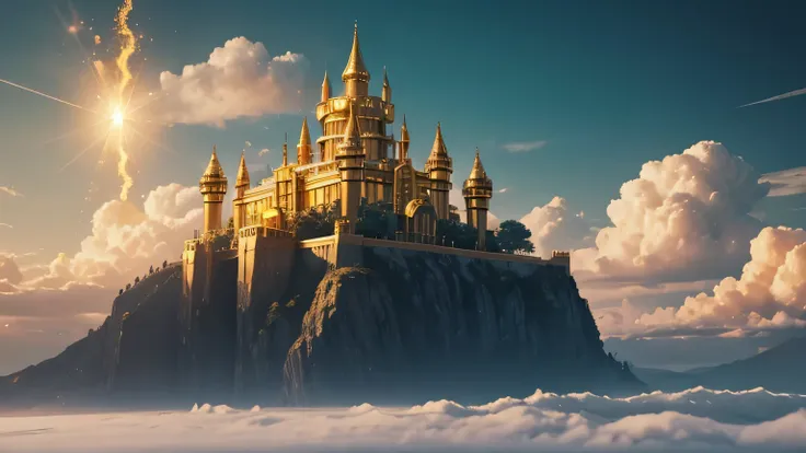 Golden castle of pure gold floating in the air, among the clouds, resplendent with power, poor man seen from behind