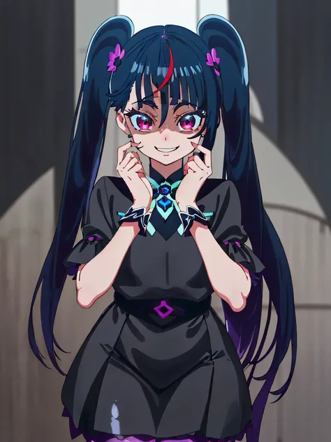 Best Quality, Very detailed,One Girl, alone, {cure_null_hirogarunullprecure:1.15}, Dark Blue Hair, red eye, Red eyes, Long Hair, Twin tails, Magical Girl, bangs, Open your mouth, Redhead, multicoloRedhead, One Girl, blunt bangs, Darken your clothes, Hair A...