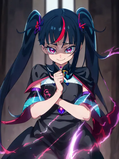 Best Quality, Very detailed,One Girl, alone, {cure_null_hirogarunullprecure:1.15}, Dark Blue Hair,Red eyes, Red flames in the eyes, Long Hair, Twin tails, Magical Girl, bangs, Open your mouth, Redhead, multicoloRedhead, One Girl, blunt bangs, Darken your c...