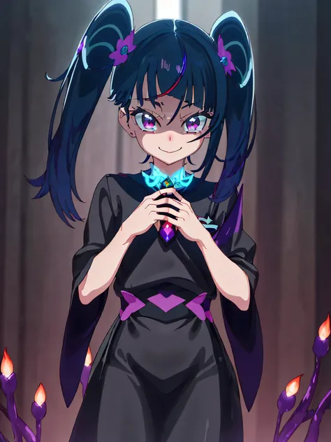 best quality, very detailed,one girl, alone, {cure_null_hirogarunullprecure:1.15}, dark blue hair,red eyes, red flames in the ey...