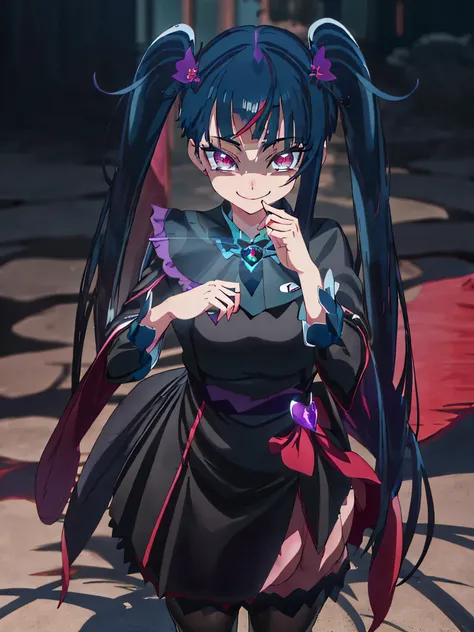 Best Quality, Very detailed,One Girl, alone, {cure_null_hirogarunullprecure:1.15}, Dark Blue Hair,Red eyes, Red flames in the eyes, Long Hair, Twin tails, Magical Girl, bangs, Open your mouth, Redhead, multicoloRedhead, One Girl, blunt bangs, Darken your c...